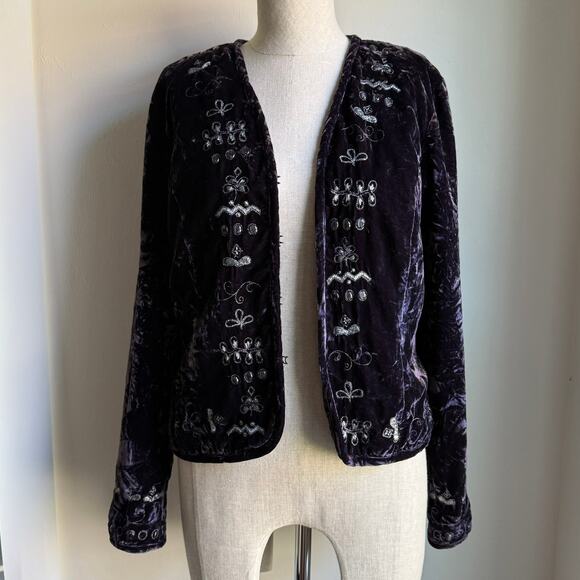 Chico’s Purple Crushed Velvet Silver Embroidered Jacket Size Small - Picture 2 of 7